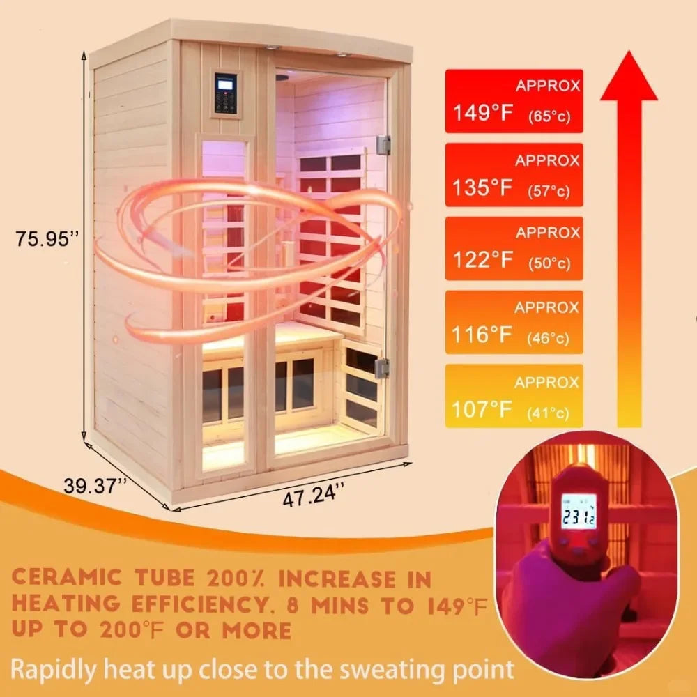 2 Person Far Infrared Sauna, 2 in 1 Indoor Sauna with Low EMF Heaters + Ceramic Heating Cubes-Chromotherapy-Bluetooth Speaker