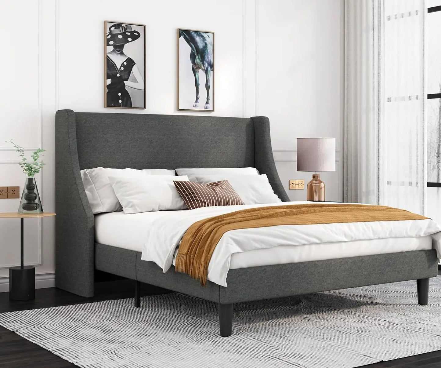 Queen Bed Frame, Platform Bed Frame Queen Size with Upholstered Headboard, Modern Deluxe Wingback