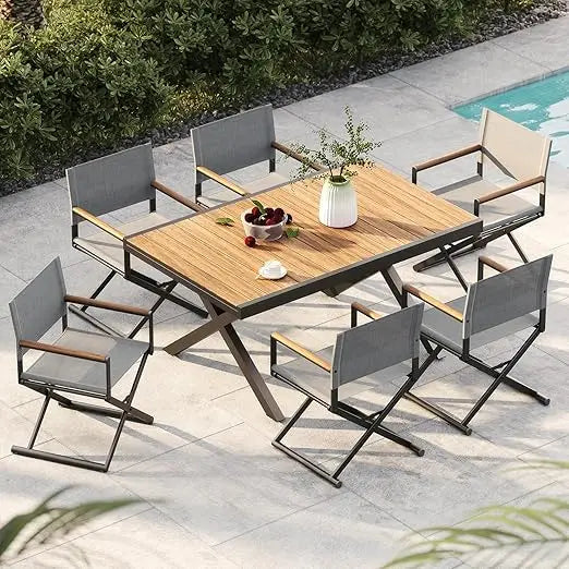 7-Piece Outdoor Dining Set, 6 Extra-Wide Foldable Chairs & 1 Extendable Table, Wood Grain Tabletop, Mesh Patio Furniture Set