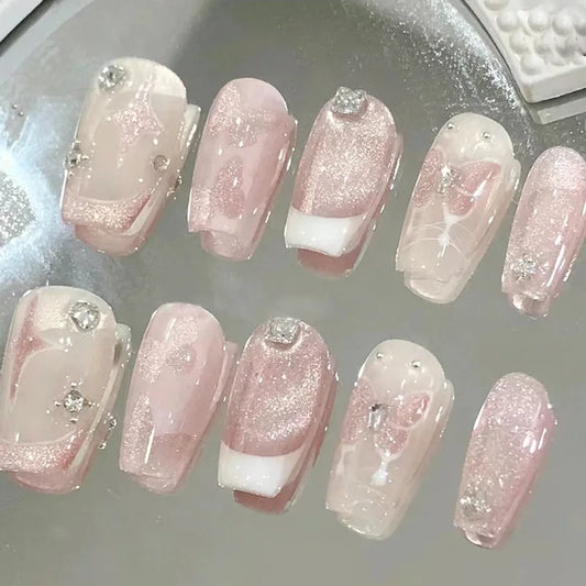 24pcs French Cat's Eye Butterfly Cute Removable Press on Nails Glossy Summer Medium Long Korean Sweet Acyrlic False Nails Square