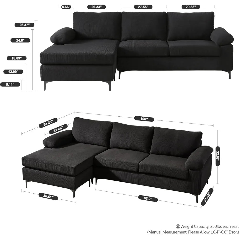 3 Seat Comfy Corduroy Couch With Convertible Chaise Living Room Sofa Chair Black Sofy Do Salon Sectional Sofas for Living Room