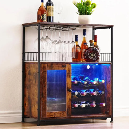 Wine Bar Cabinet with Led Lights & Removable Wine Racks with 3 Rows Glass Holder and Acrylic Door, Multifunctional Bar Cabinet