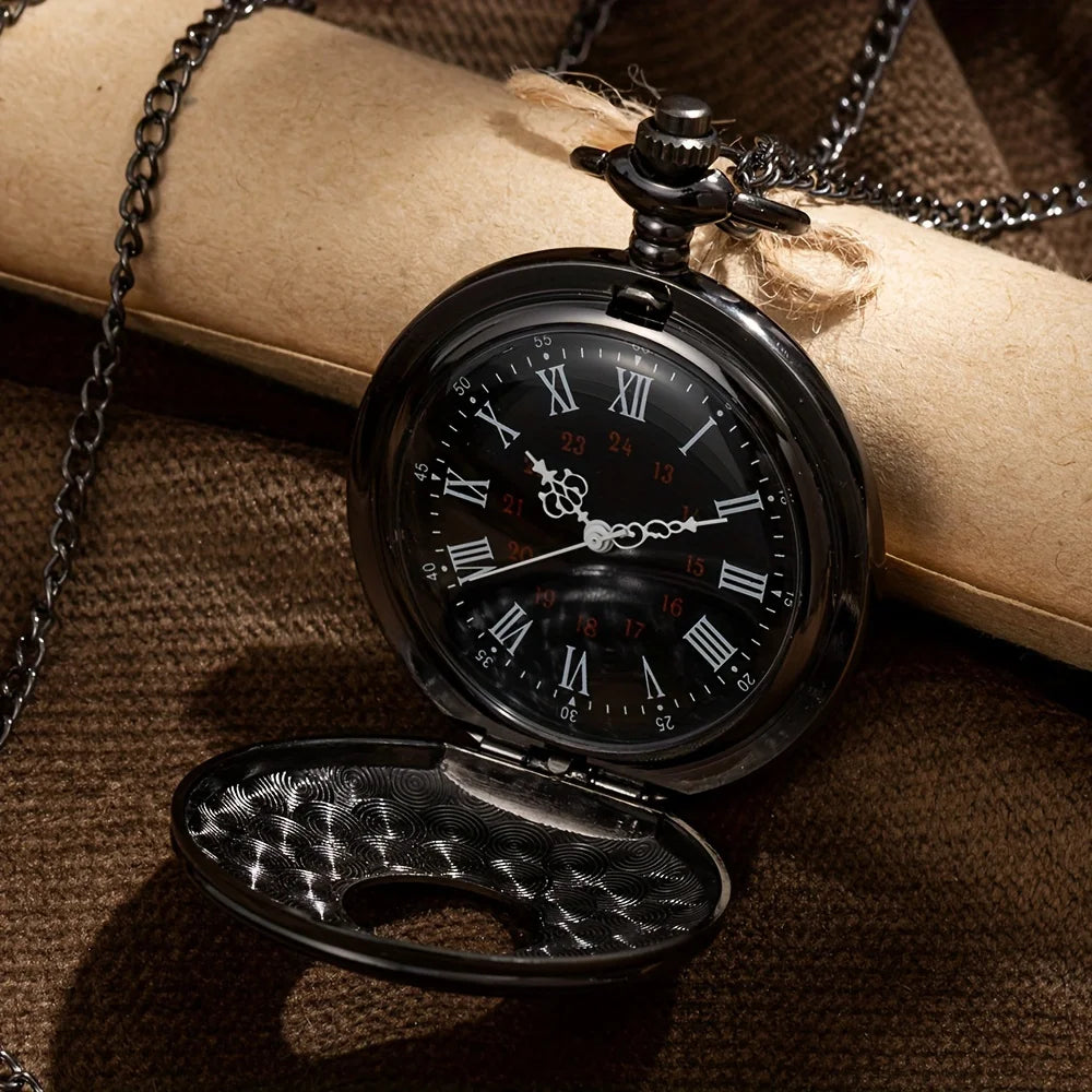 Black Bronze Roman Scale Display Pocket Watch Quartz Relogio  Vintage Exquisite Pocketwatch With Necklace Chain Gift Clock