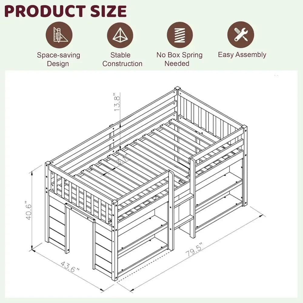 Twin Size Low Loft Bed with Storage Shelves, Wood Kids Twin Loft Bed with LED Light and Shelves, Low Loft Bed for Kids