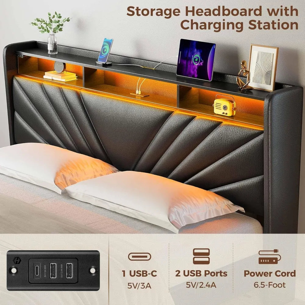 King Size Bed Frame, Storage Headboard with Charging Station and LED Lights, Upholstered Bed with Heavy Duty Wood Slats