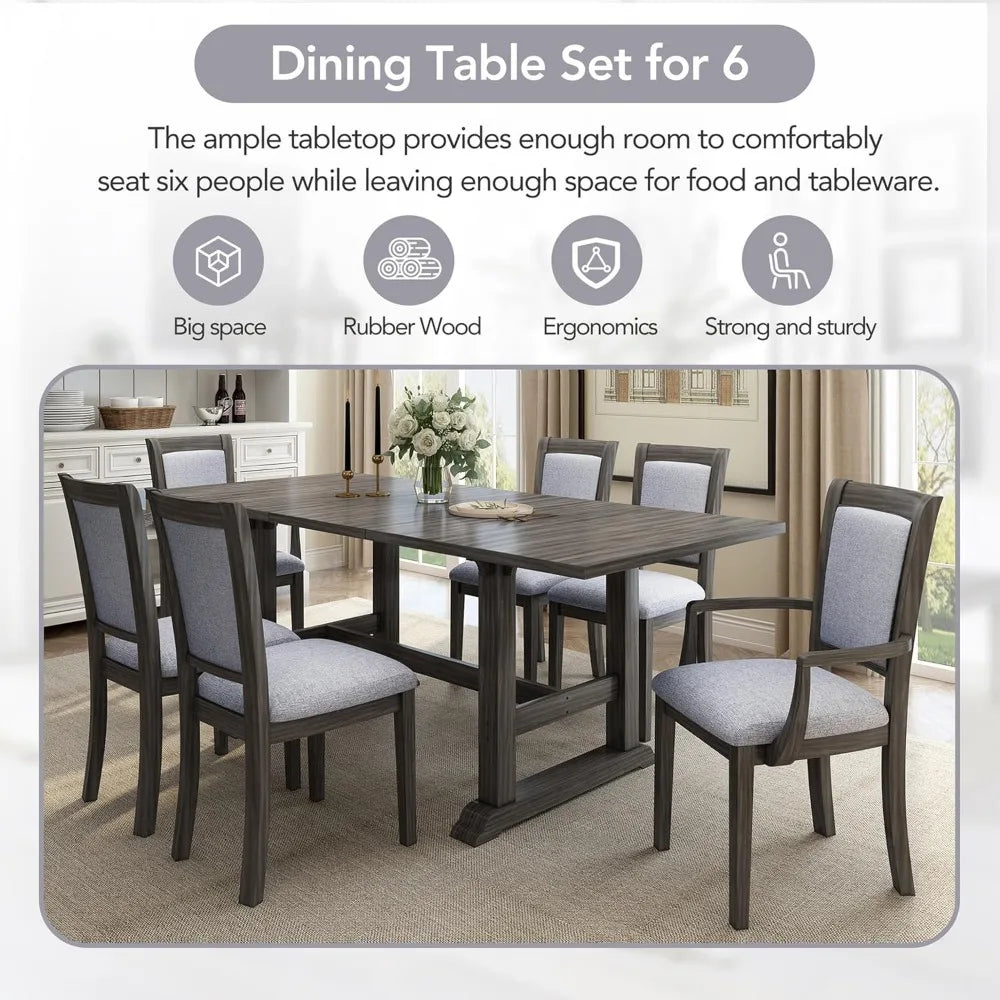 7-Piece Dining Table Set, 76.9inch Extendable Trestle Dining Table with Upholstered Side Chair and Arm Chair, Dining Table Set