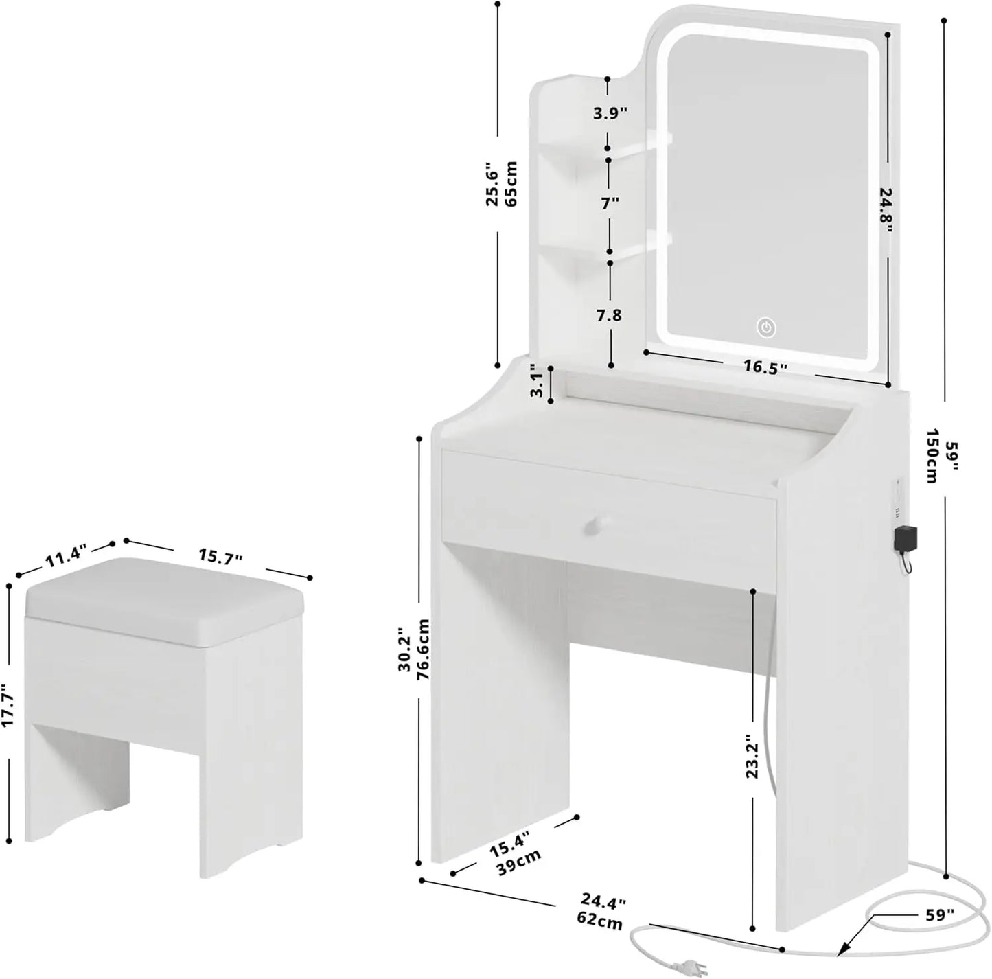 Small Makeup Vanity Desk with Mirror and Lights, Vanity Table Set with Storage Drawer, Chair and Three Shelves, Bedroom, White