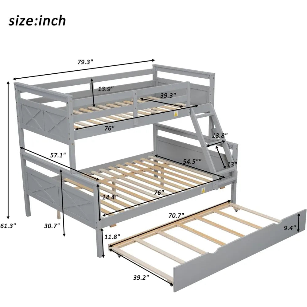 Trundle Bunk Bed, Twin Over Full Wood Bunk Bed with Twin Size Trundle, Solid Wood Bunk Bed Frame with Guardrail and Ladder