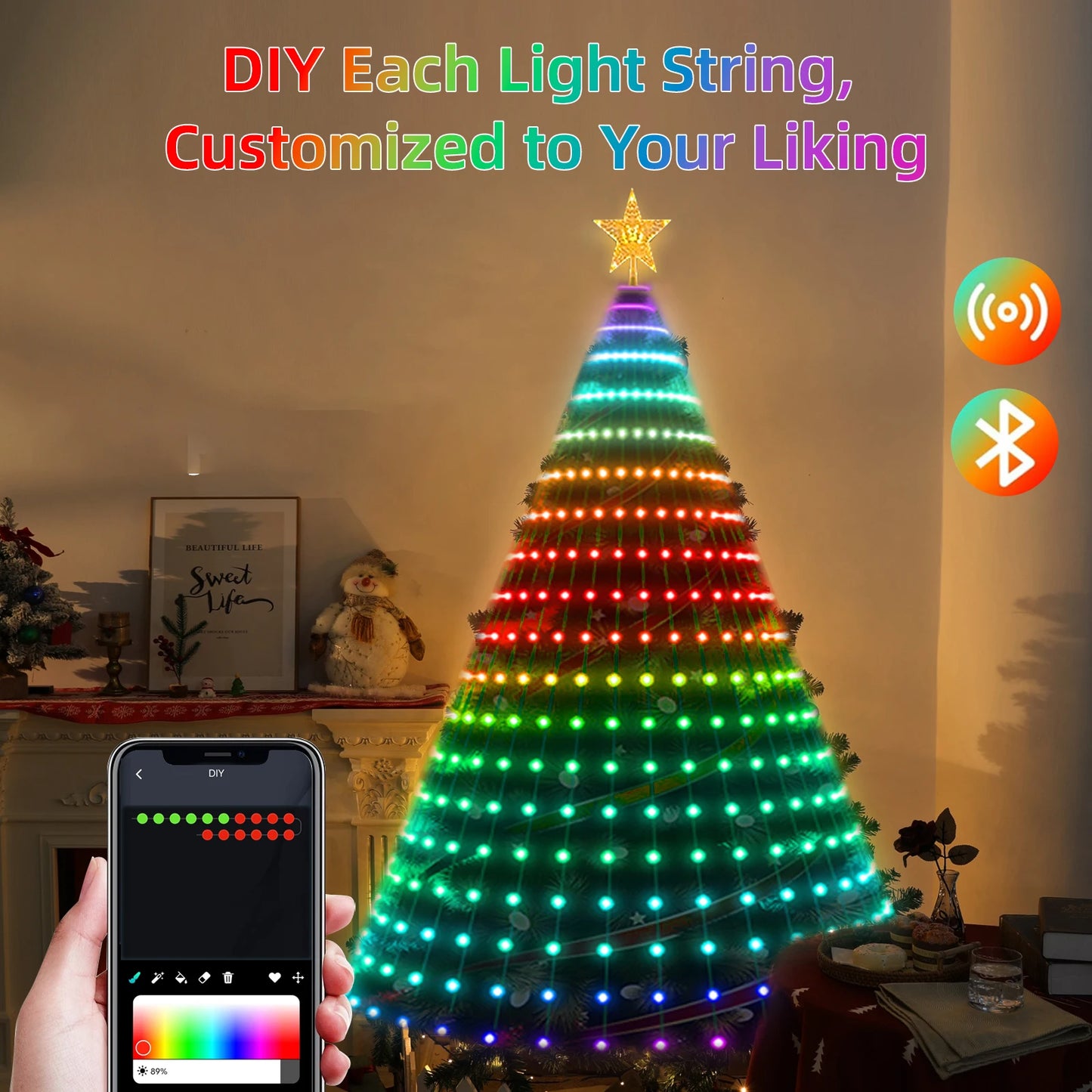 Smart RGB Christmas Tree Lights Fairy LED Star Strings Waterfall APP Bluetooth Music Rhythm Lights RGB LED Xmas Holiday Decor