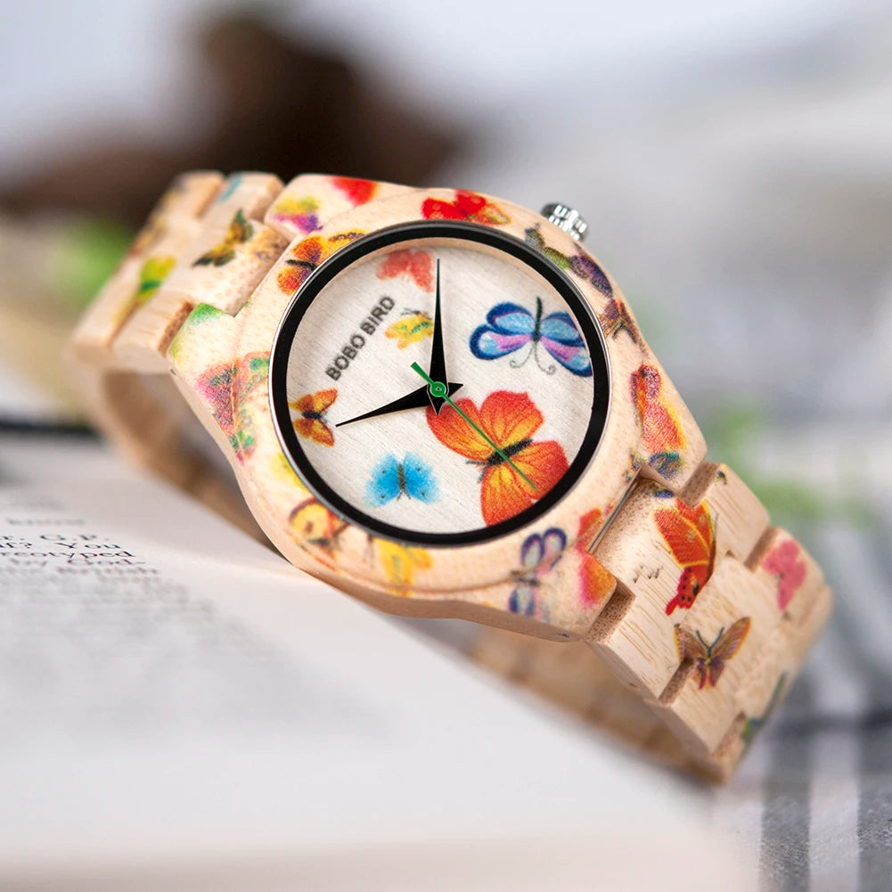 BOBO BIRD Wood Women Watches Luxury Engraved Handmade Ladies Quartz Wristwatch Wooden Pattern Printed Floral Casual Watch