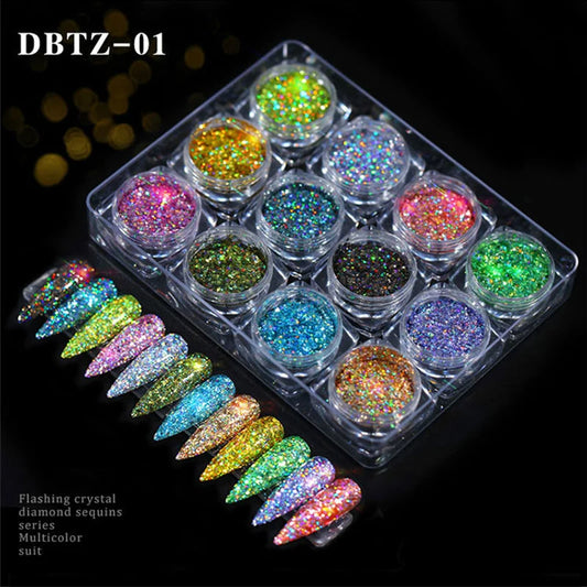 12 teile/satz Nagel Glitter Pulver Staub Schillernden Flocken Pailletten Gold Silber Super Glänzende Paillette Nail art Maniküre Dekorationen