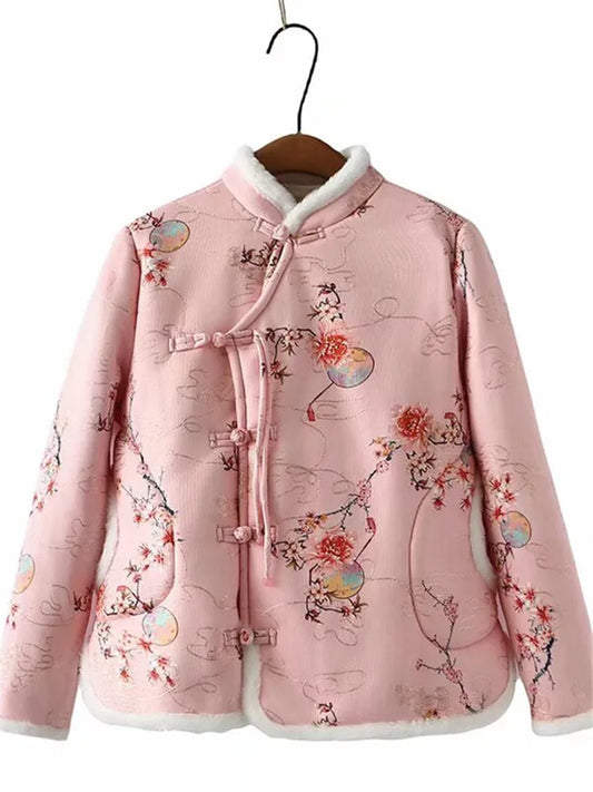 Plus Size Women's Clothing Winter Coat Warm Jacket With Chinese Style Flowers Design Thickened Coat With Cotton And Plush Inside