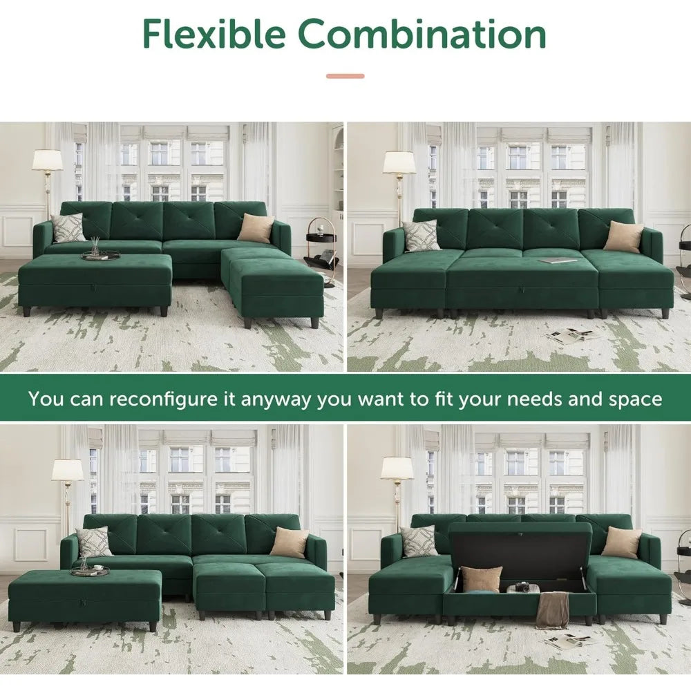 Sleeper Sectional Sofa Set ,with Storage Ottoman 4-Seat Sectional Sofa Set for Living Room, Velvet U Shaped Couch