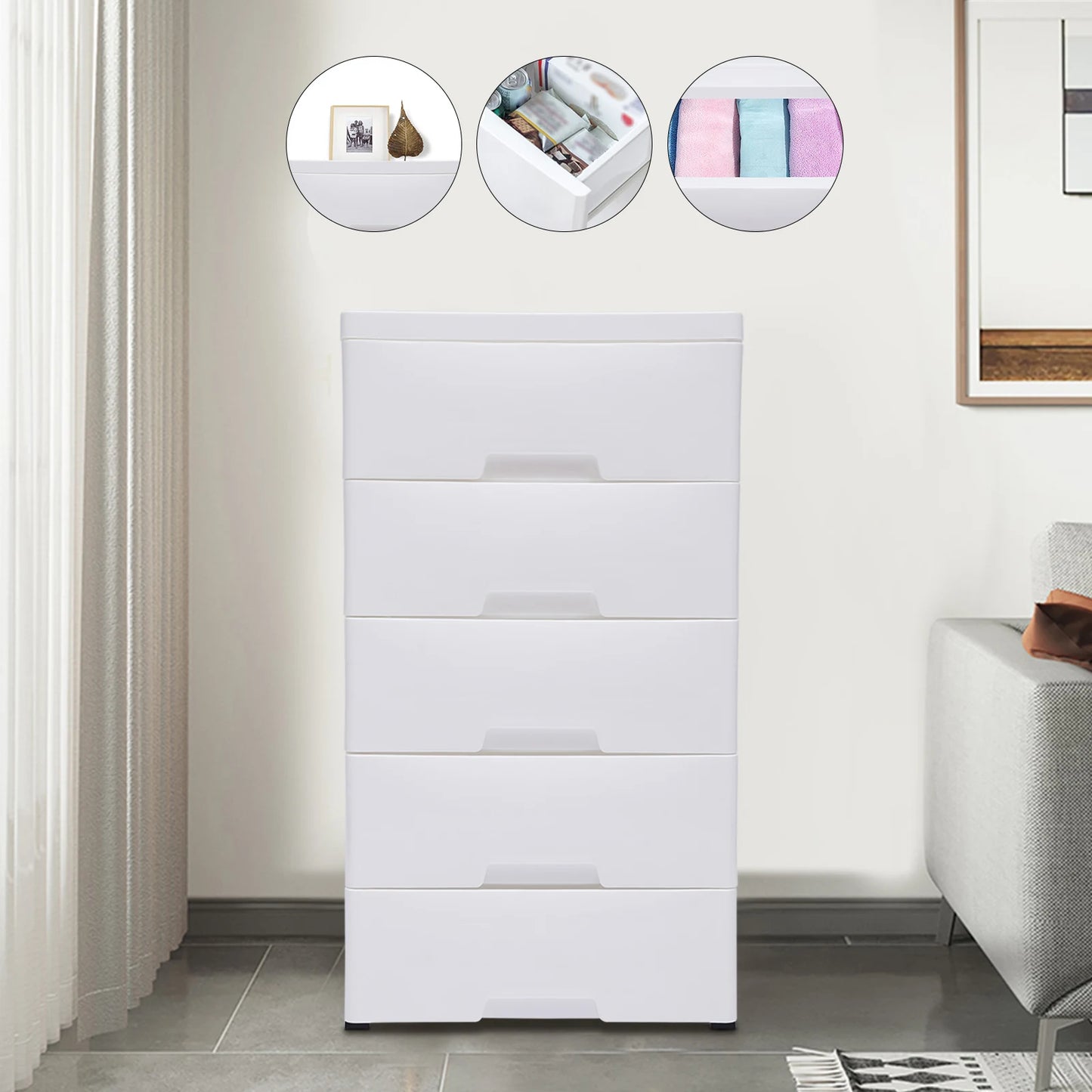 Modern Minimalism 5 Drawers Storage Cabinet Bedroom White Plastic  Vertical Dresser Stackable Tower Wardrobe Closet for Clothes