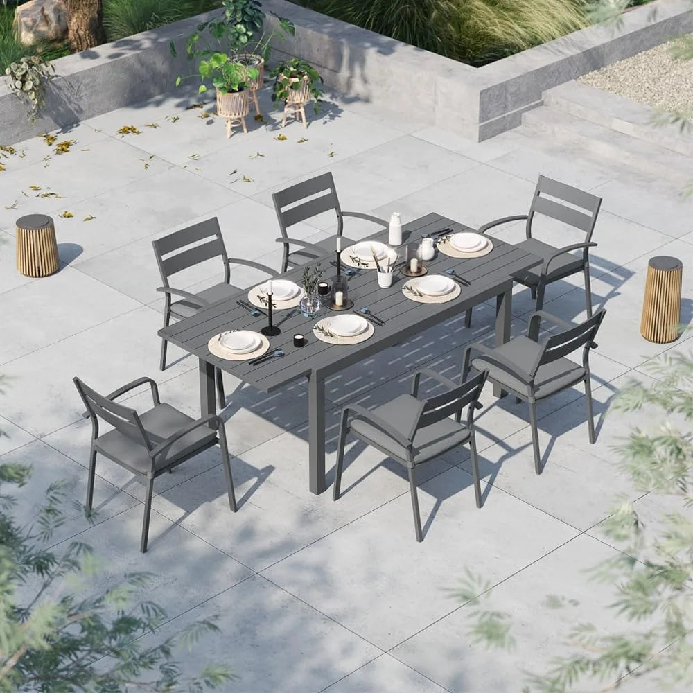 7-Piece Outdoor Patio Dining Set, 6 Stackable Chairs with Gray Removable Cushions,Aluminum Expandable Outdoor Dining Table Set