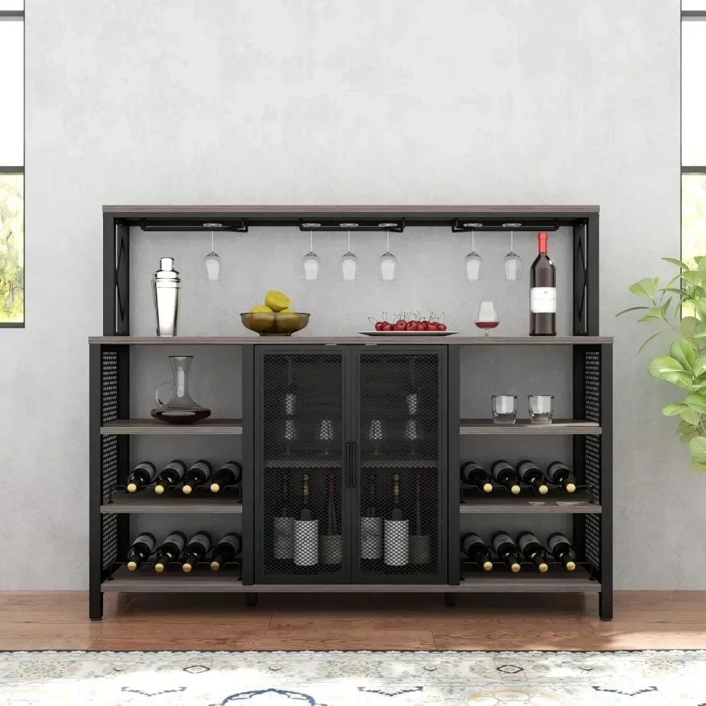 Wine Bar Cabinet, 55 Inches Industry Coffee Bar Cabinet with Wine Rack and Glass Holder, Kitchen Sideboard Buffet Cabinet