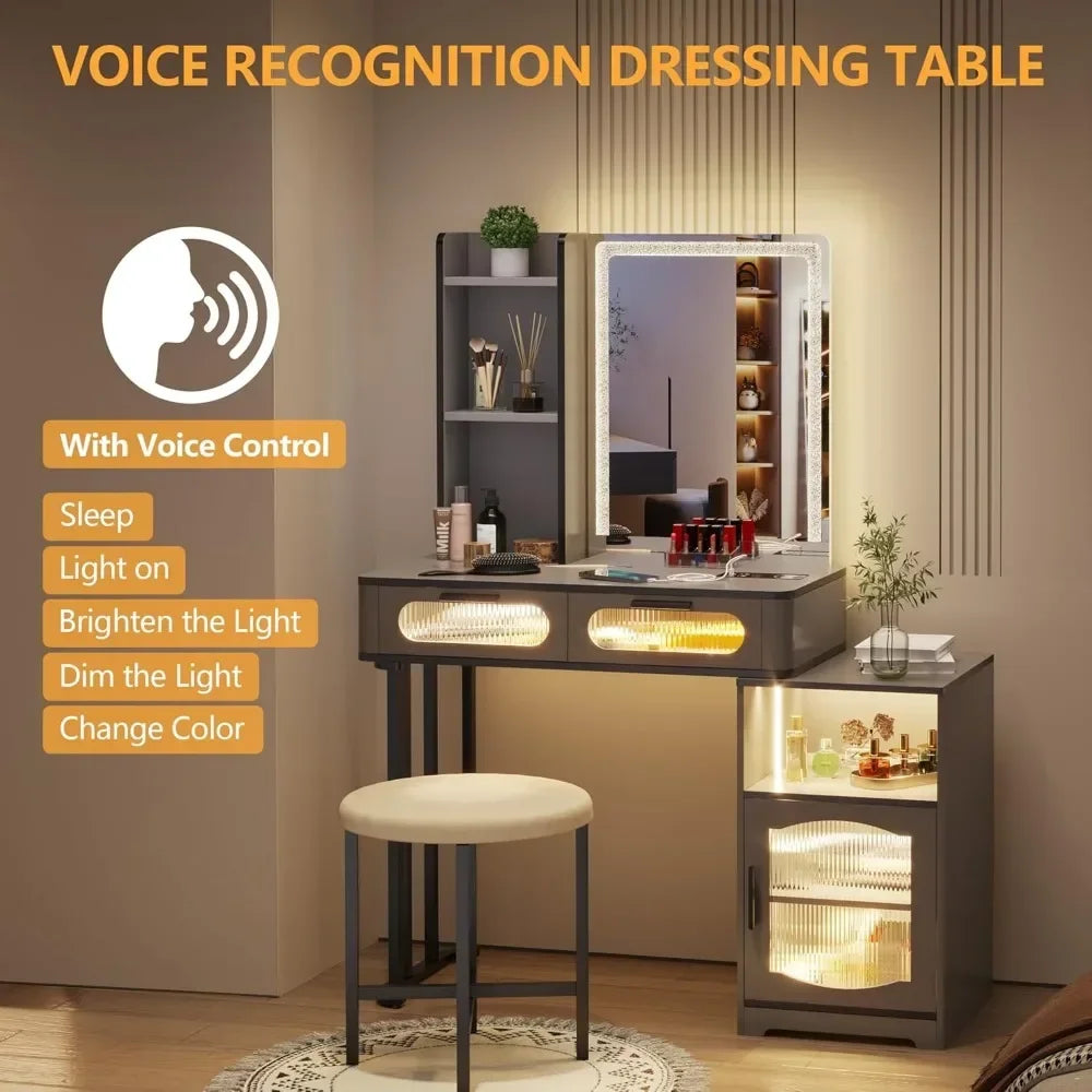 Vanity Desk with Mirror and Lights Small Makeup Vanity with Voice Activation & Wireless Charging, Bedroom Dressing Table