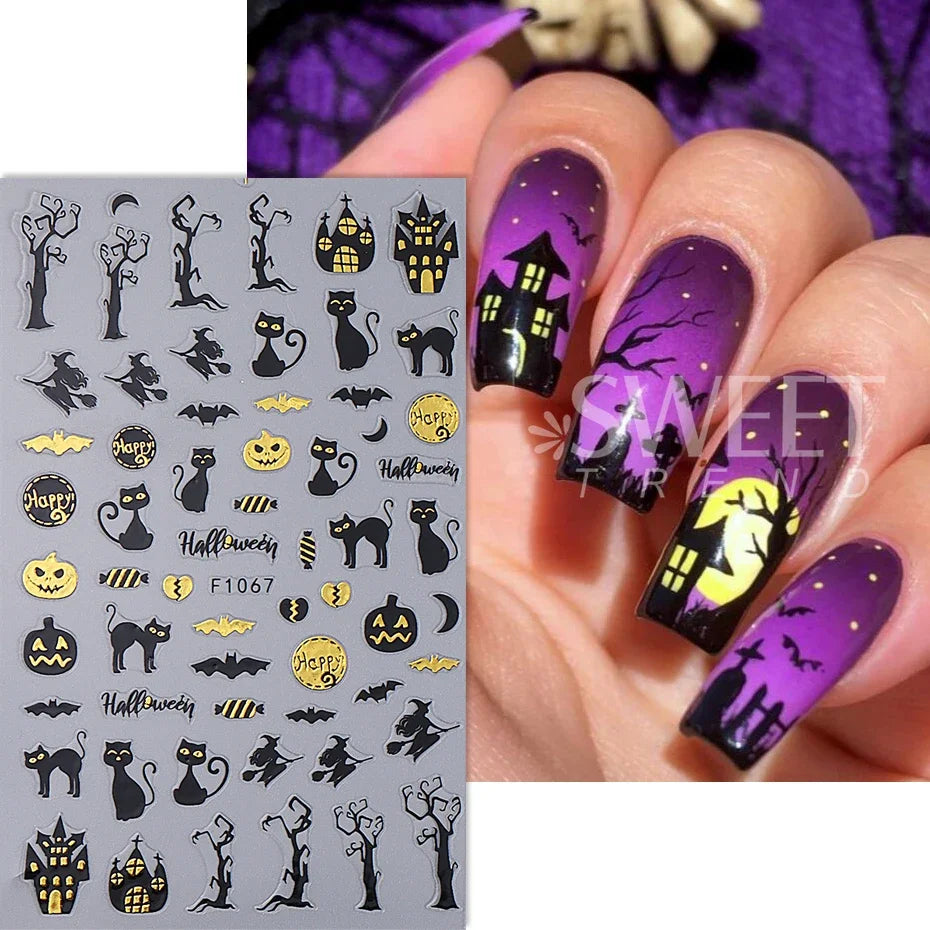 3D Halloween Nail Art Stickers Gold Spider Ghost Cat Pumpkin Design Decals Holographic Nail Art Slider DIY Manicure Decoration