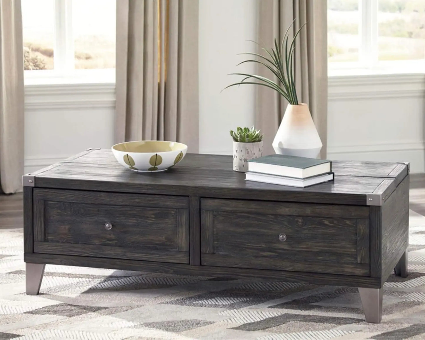 Industrial Rectangular Lift Top Coffee Table with 2 Storage Drawers, Dark Gray with Weathered Pine Finish