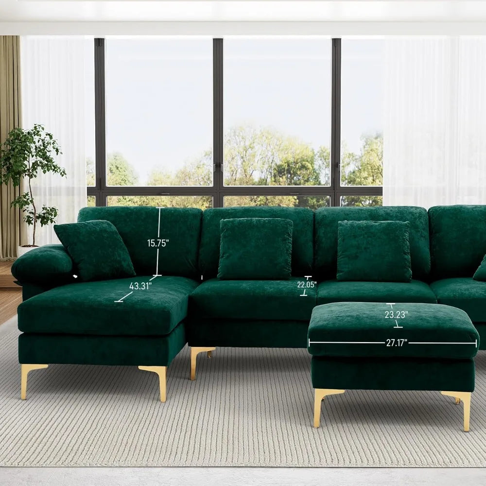 U-Shaped Sectional Sofa Couch, 4 Seat Sofa Set for Living Room, Convertible L-Shaped Velvet Couch Set with Chaise Lounge