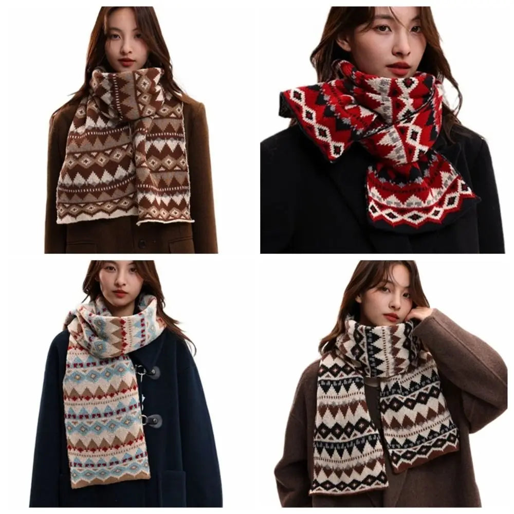 Casual Jacquard Winter Knitted Scarves Thickened Crochet Women Scarf Korean Style Windproof Woolen Neckerchiefs Gifts