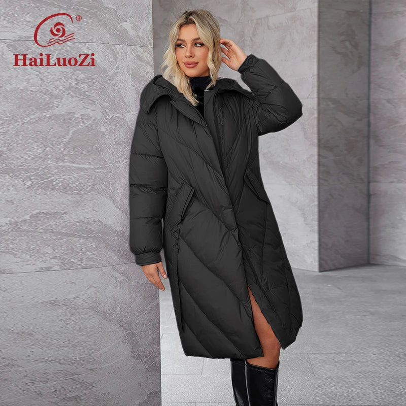 HaiLuoZi 2024 Women's Winter Plus Size Long Parka Coat Warm Women's Jacket Slash Pocket Fashion Hooded Women's Jacket 1316