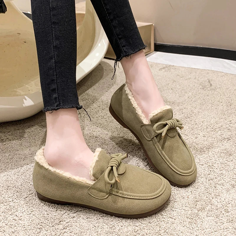 Winter Women Fur Shoes Warm Low Top Suede Furry Flats Loafers Fluffy Home Cotton Shoes Female Casual Comfortable Plush Shoes 41