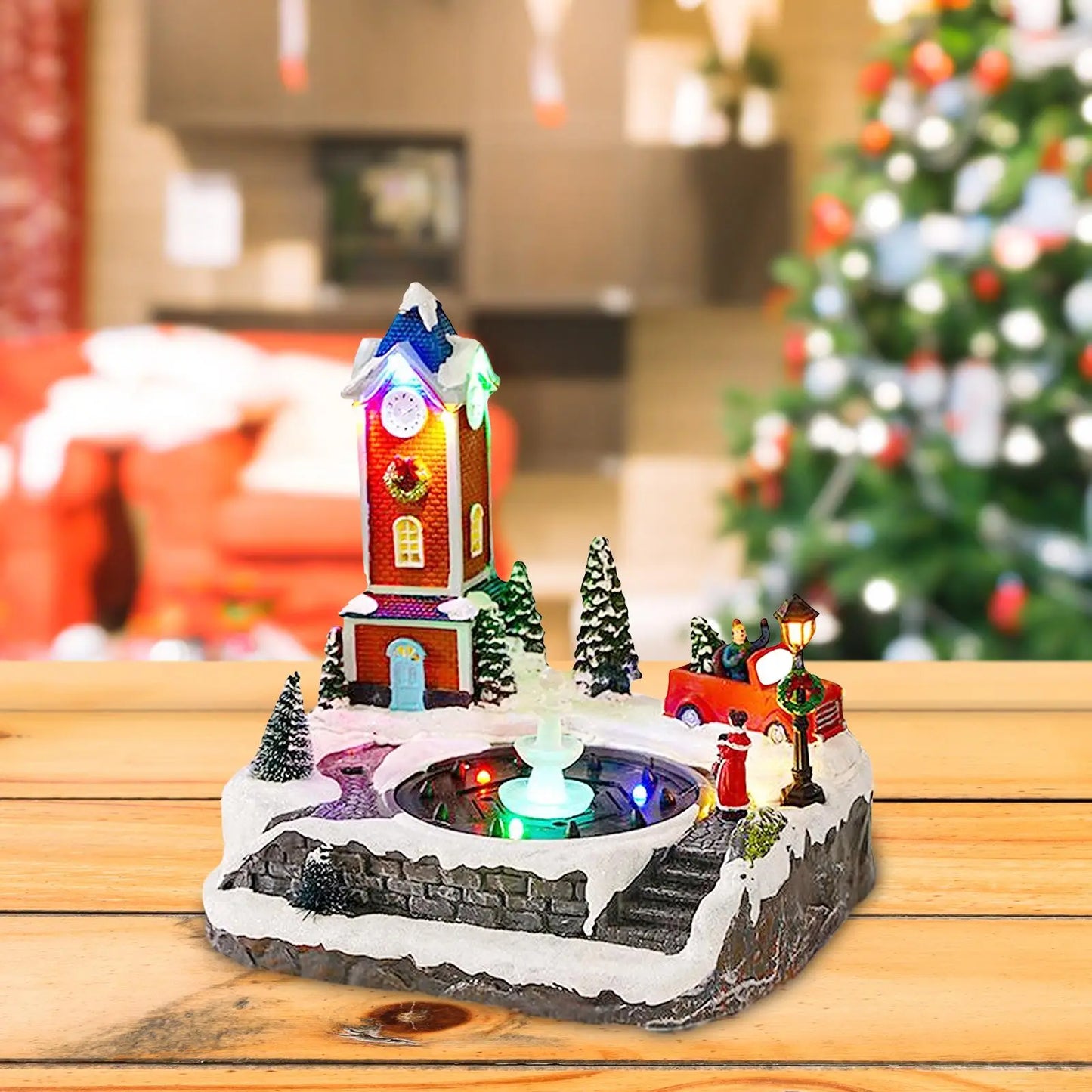 Christmas Church Winter Snow Scene Village House Music Fountain Collectible Buildings Statue for Indoor Festival Desktop Decor