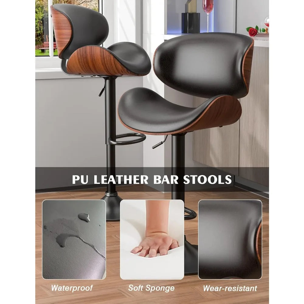 Set of 4, Bentwood Adjustable Height Swivel Bar Stools, PU Leather Upholstered Bar Chair with Back and Footrest for Bar,