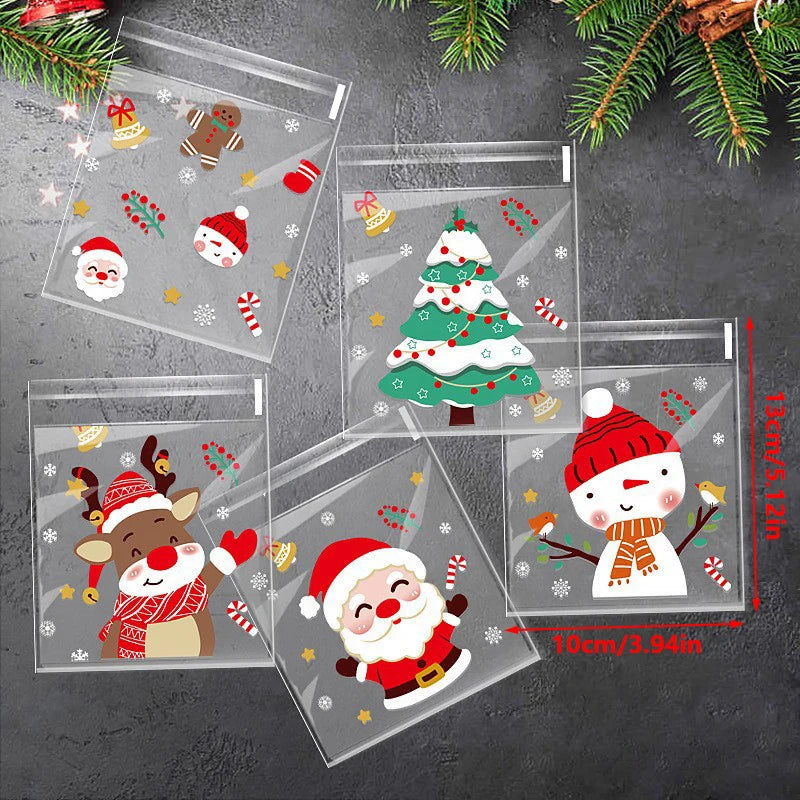 100 Pcs Christmas Cookies Gift Wrapping Bags Self-Adhesive Plastic Candy Bags Christmas Party Decor Supplies Baking Packaging