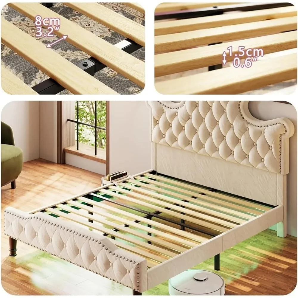 Queen Size LED Bed Frame,Queen with 58"Tall Tufted Headboard,Sturdy and Noiseless,Cream Bed Frame,sturdy durable materials