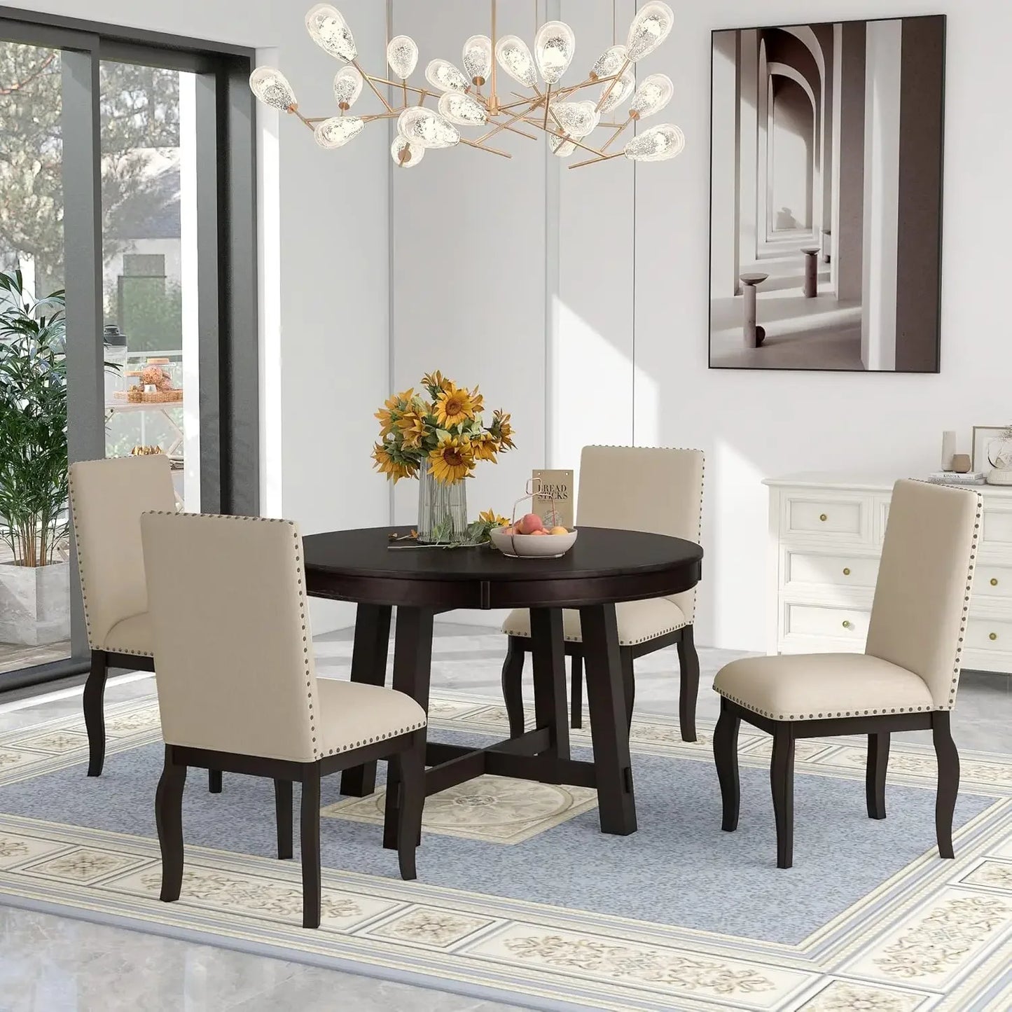 5-Piece Farmhouse Dining Table Set Wood Round Extendable Dining Table and 4 Upholstered Dining Chairs Suitable for living room