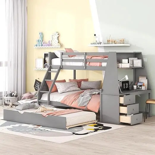 Bunk Beds ,with Trundle and Desk with Three Storage Drawers and One Shelf for Kids Boys Girls Teens, Wood Bunk Bed Frame