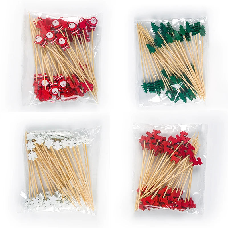 50pcs Christmas Disposable Bamboo Picks Santa Claus Fruit Fork Cocktail Picks Christmas Tree Snowflake Dessert Toothpick Skewers