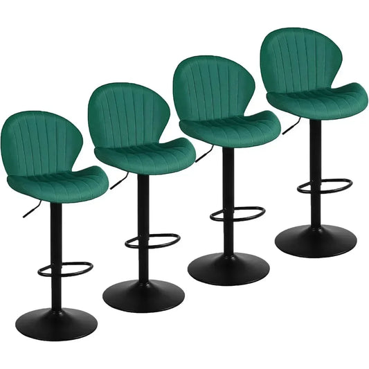 Bar Stools Set of 4, Velvet Height Adjustable Swivel Barstools, Armless Kitchen Island Counter Chairs with Back Footrest, Green