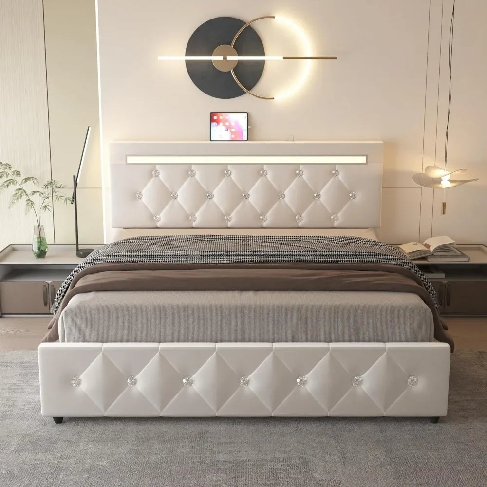 Upholstered Bed Frame with 4 Drawers and LED Adjustable Headboard, Charge Station, Solid Wooden Slats Support,White Bed Bases.