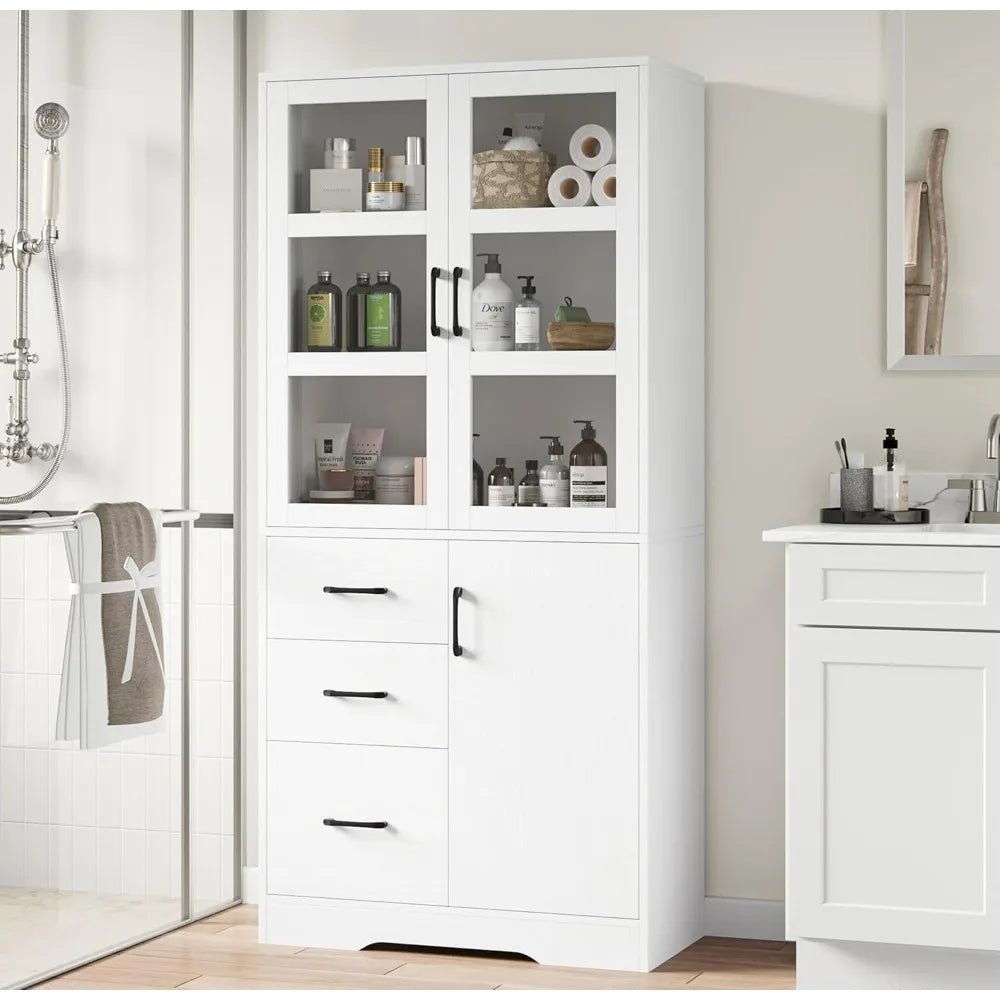 Tall Bathroom Storage Cabinet with Glass Display Doors and Shelves, 67” Modern Tall Cabinet with 3 Drawers,