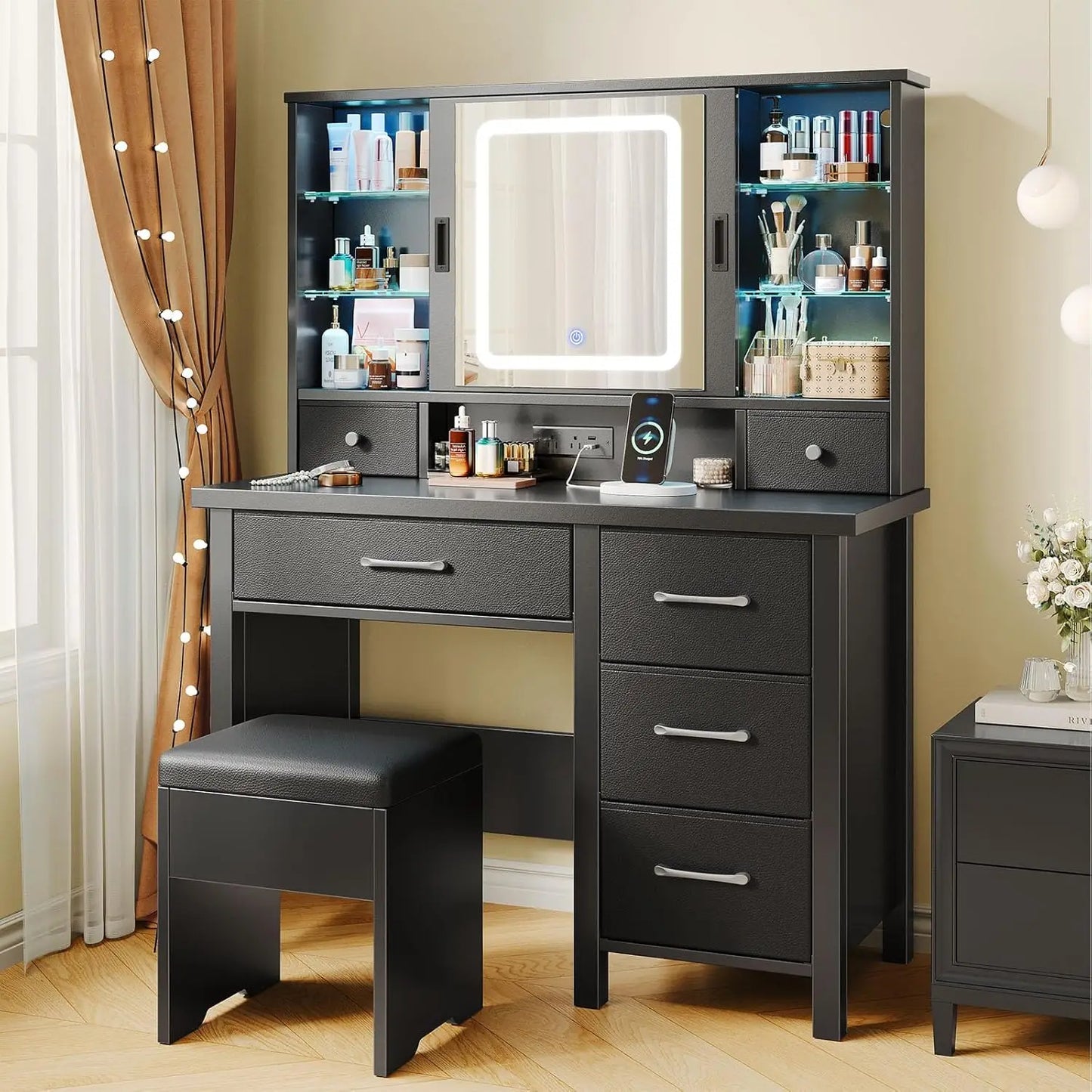 Vanity Desk with Lighted Sliding Mirror & Power Outlet,6 Storage Drawers Makeup Table with LED Strip and Glass Shelves