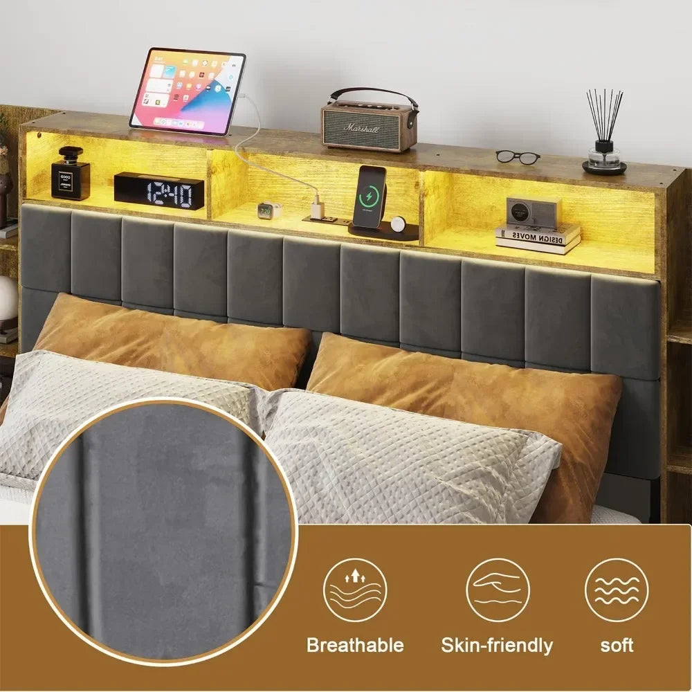 Queen Size Platform Bed Frame with Storage, Dark Gray Linen Headboard,LED Lights and Charging Station Suitable for bedrooms