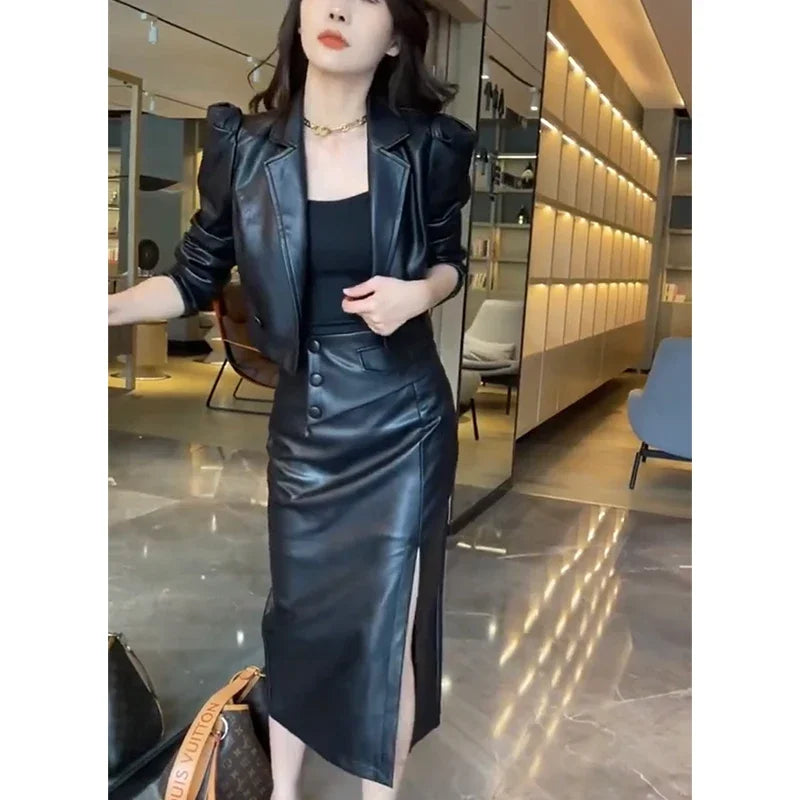 Autumn Winter Casual Fashion Long Sleeve Coat High Waist Slim Bodycon Slit Skirt Set Women Elegant Jacket Skirt Suit U547