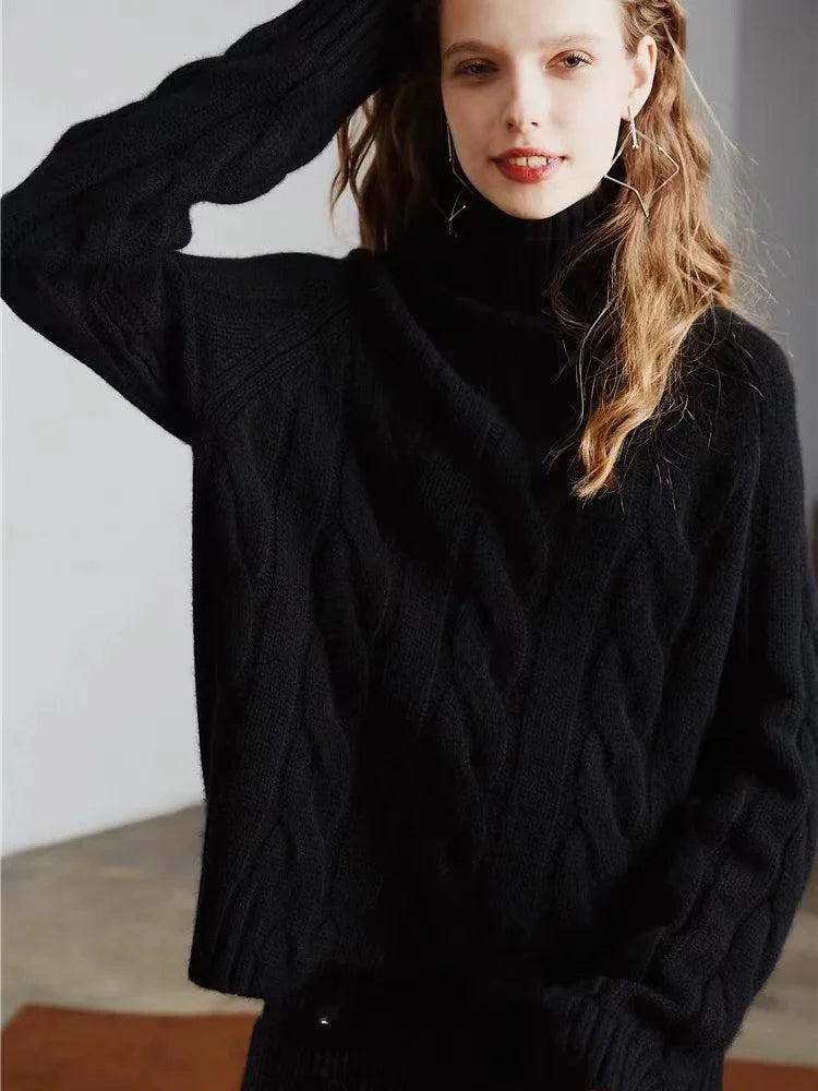 Soft waxy~high neck 100 pure cashmere sweater women's loose thickened lazy style pullover Fried Dough Twists sweater sweater