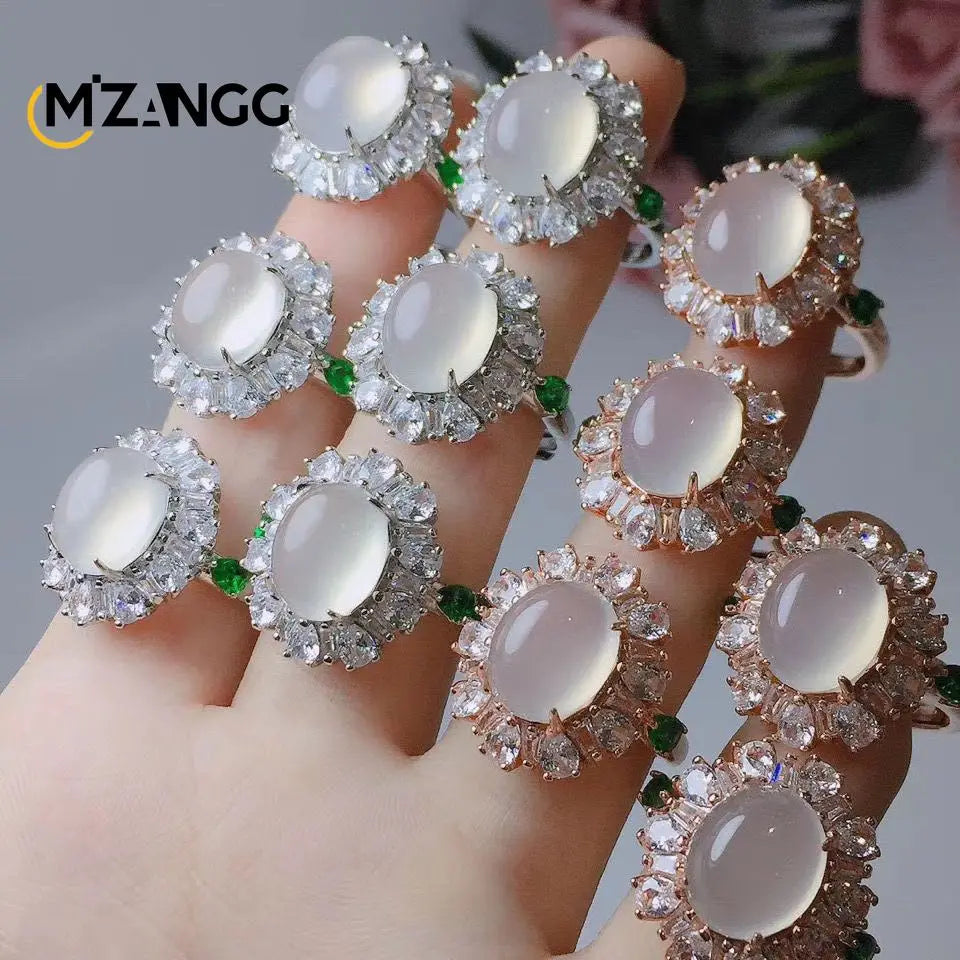 Natural Greenstone Ring 925 Silver Set Agate Egg Noodle Women's Adjustable Ring Exquisite Luxury Jewelry Holiday Gif