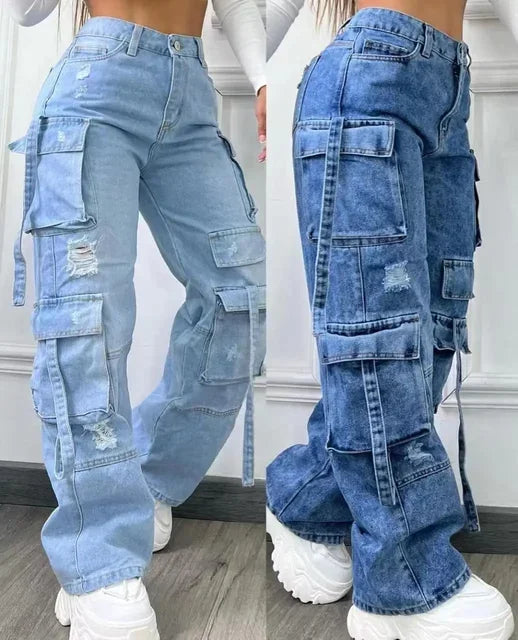 Women Denim Trousers Fashionable Solid Color Versatile Multi-pocket Casual Pants Ladies Large Size High Waist Denim 2025