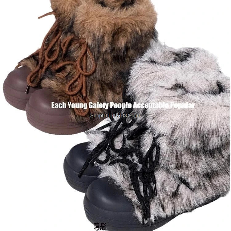 2024 Winter Snow Boots Women Ski Boots Luxury Fluffy Furry Fur Mid Claf Boots Female Lace Up Warm Plush Platform Cotton Boots