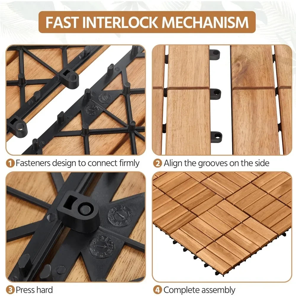 Garden floor, 108 pieces of Acacia wood, anti slip surface interlocking deck bricks, easy to buckle waterproof, garden floor