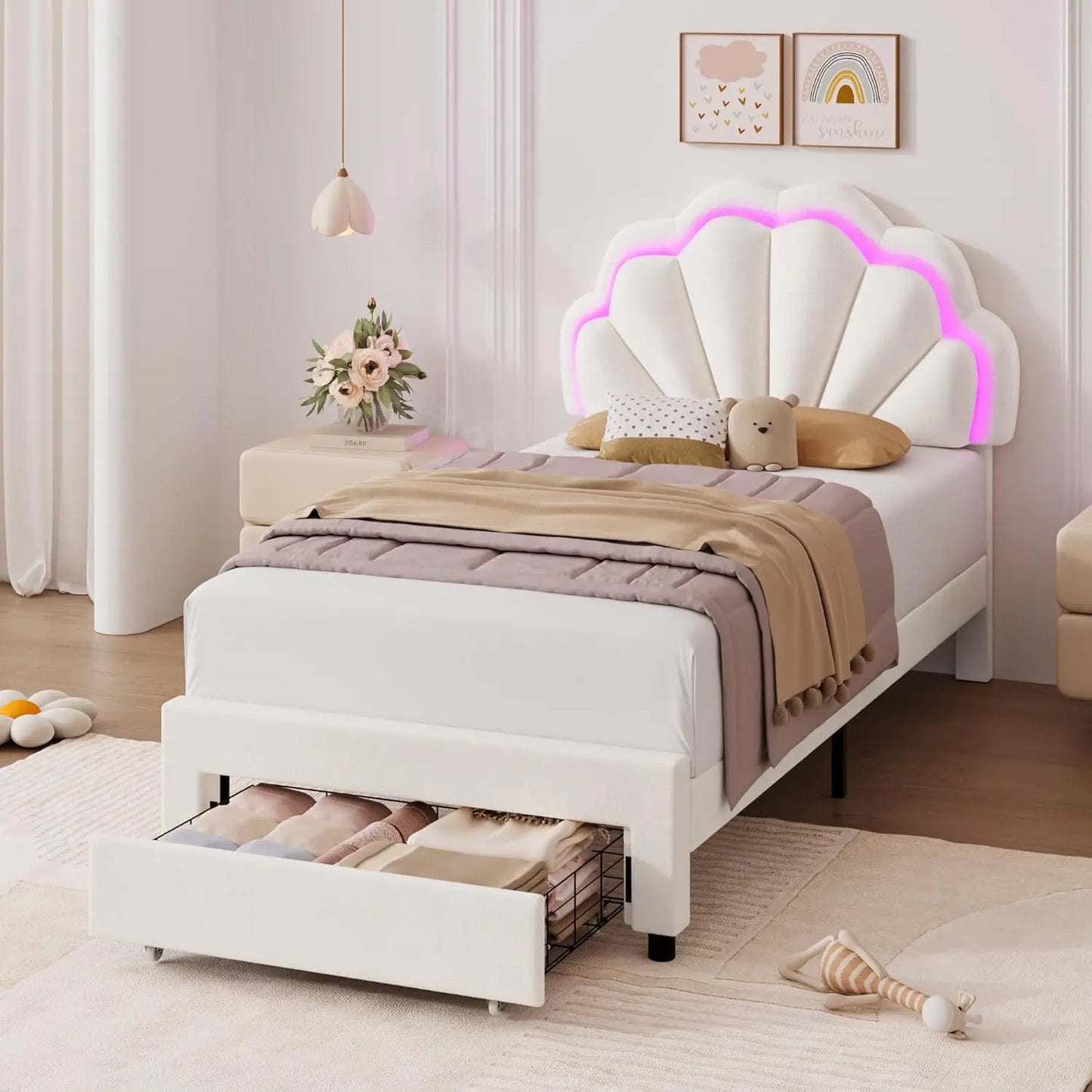 Upholstered Smart LED Bed Frame with 2 Storage Drawers & Adjustable Chic Double Petal Headboard, Velvet Princess Platform Bed