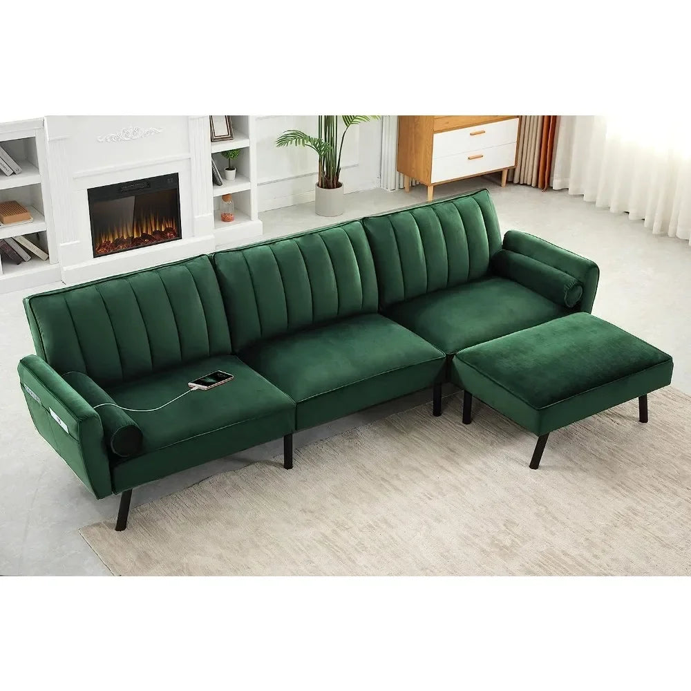 Velvet Sectional Convertible Sofa with Chaise, 106.5" L Shape Sectional Sofa Couch with USB,L Shape Sofa