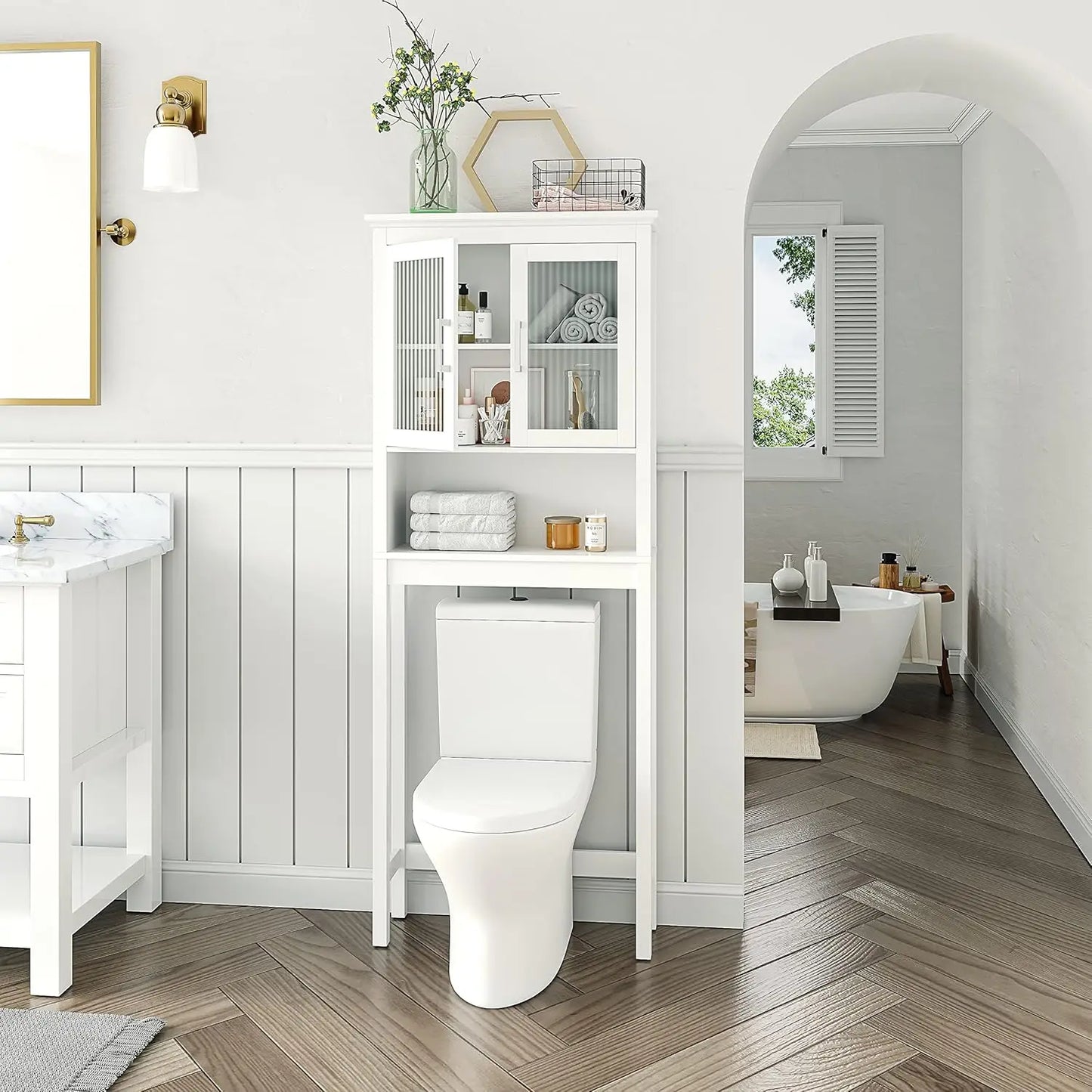 The Toilet Cabinet for Bathroom Storage, Above Toilet Storage Cabinet with Tempered Glass Doors, White