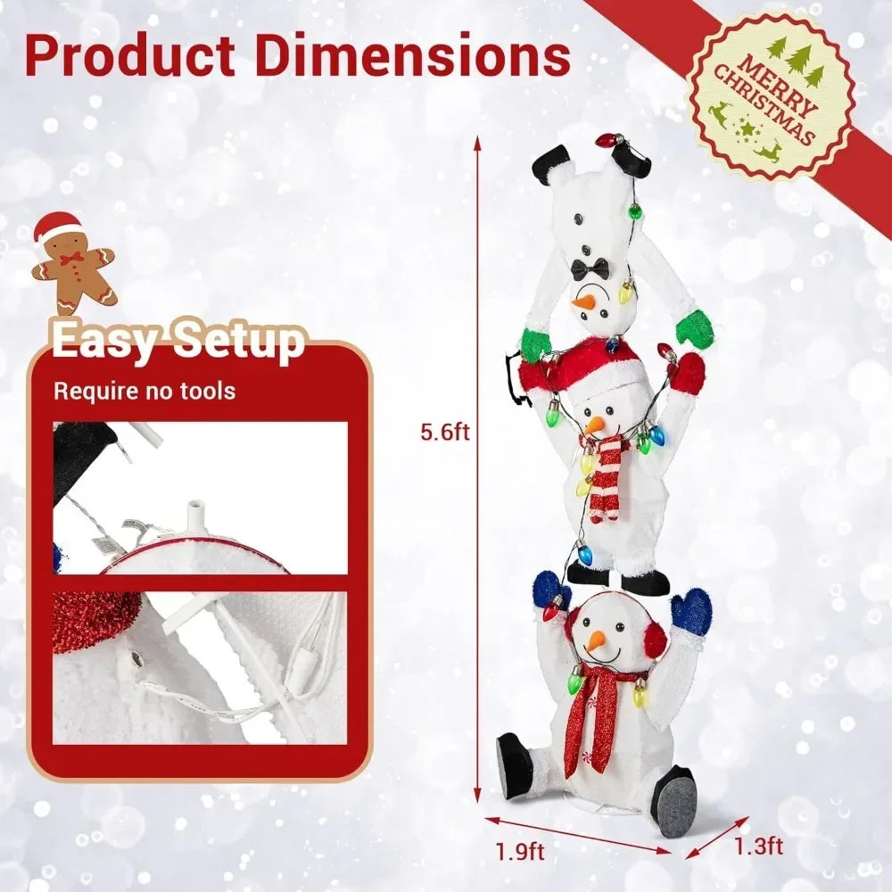 5.6 FT Lighted Christmas Stacked Snowmen Decoration, Pre-Lit Snowmen Ornament with LED Lights, Light String, Outside Xm