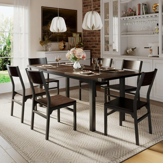 7 Pieces Dining Table & Chairs Set for 4-6,  Dining Room Table with MDF Board & Metal Frame